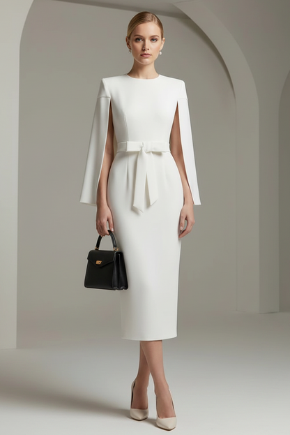 Cape Sleeve Bow Waist Midi Sheath Dress