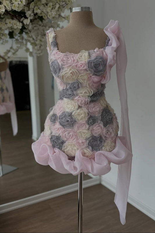 Asymmetrical 3D Flower Mini Dress with Ruffles