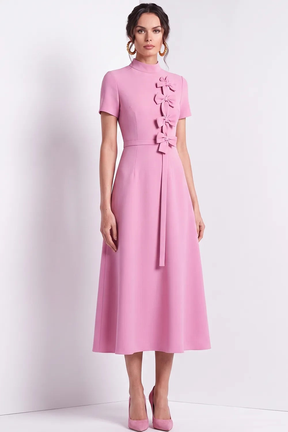 High-Neck Bow-Embellished A-Line Midi Dress
