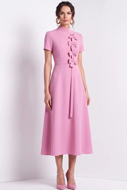 High-Neck Bow-Embellished A-Line Midi Dress