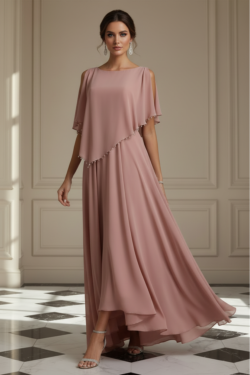 Chiffon A-Line Cape Dress with Pearl Trim