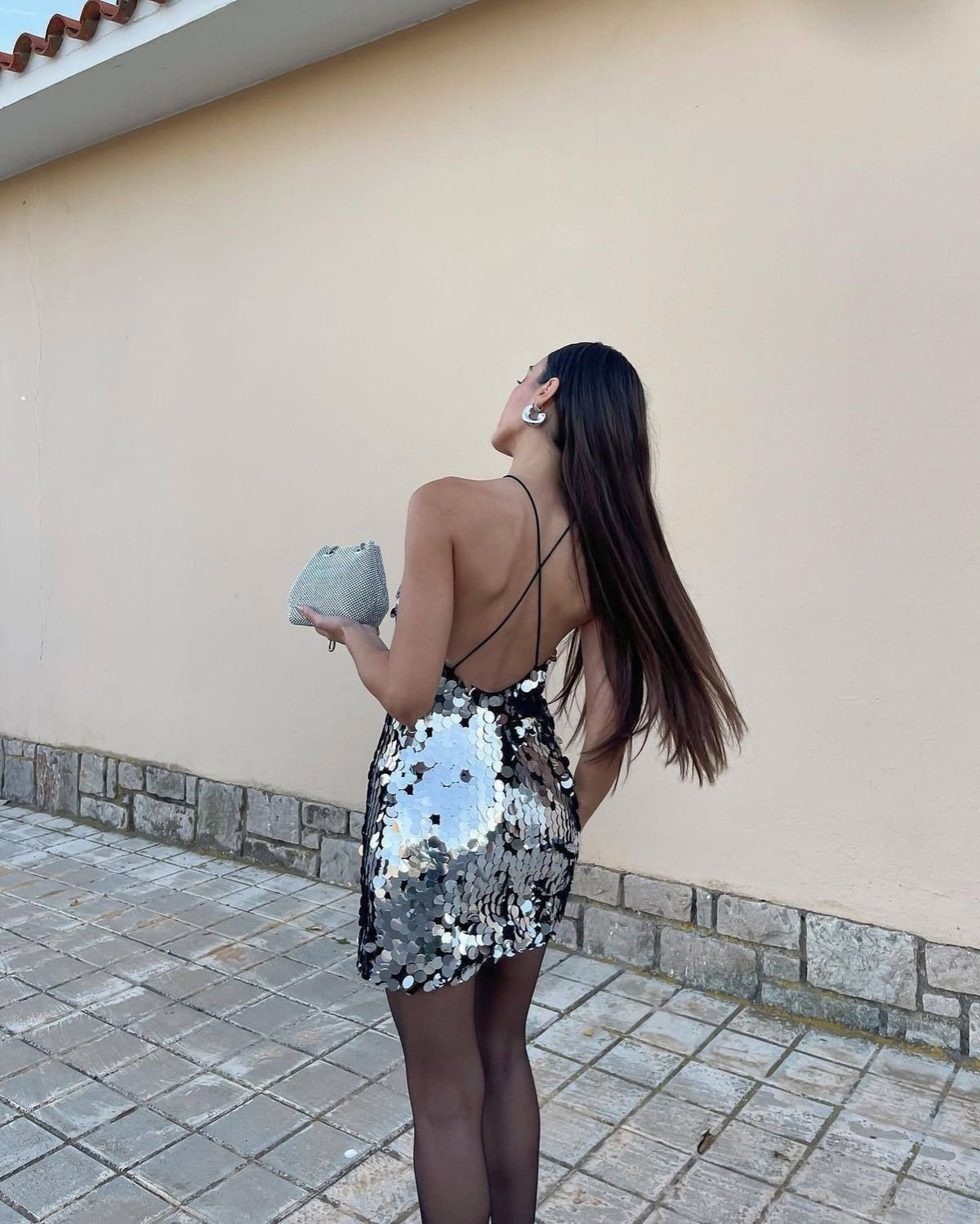 Crisscross Halter Backless Sequin Mini Dress