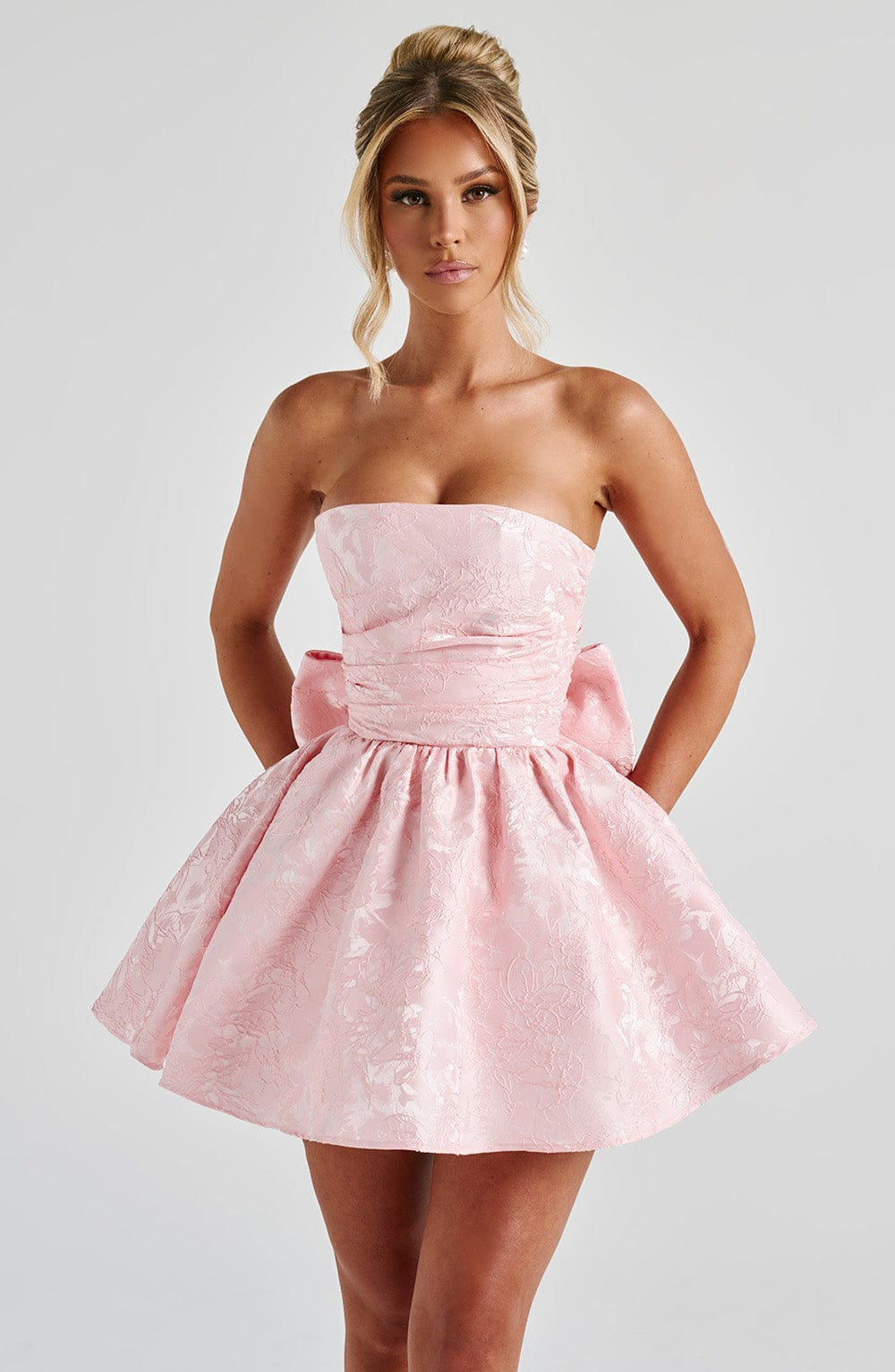 Strapless Jacquard Mini Dress with Statement Bow