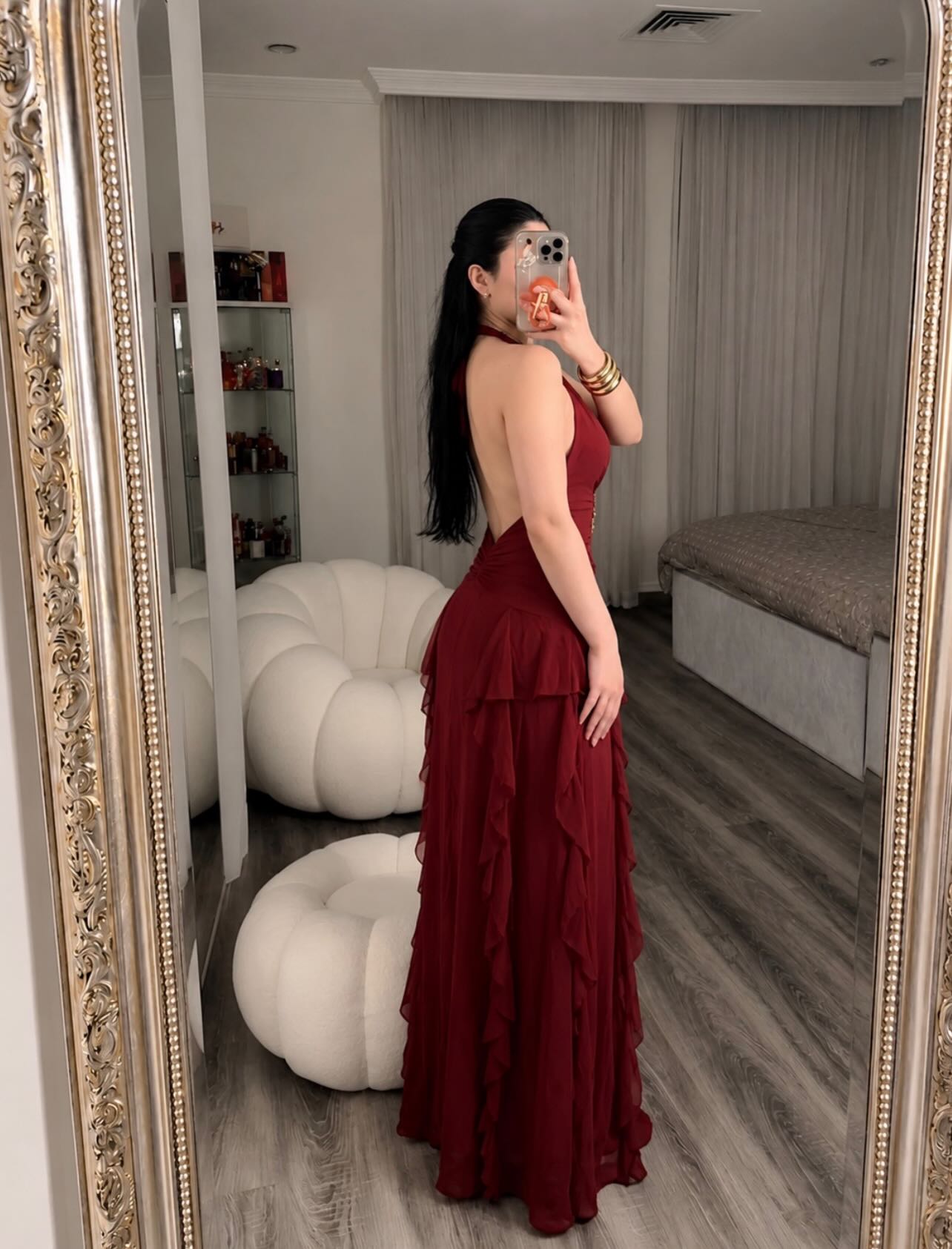 Ruched Halter Backless Dress with Cascading Ruffles