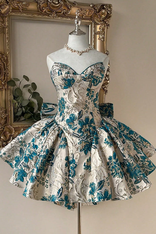 Strapless Floral Jacquard Mini Party Dress