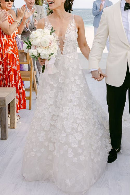 3D Floral Applique V-Neck A-Line Wedding Dress