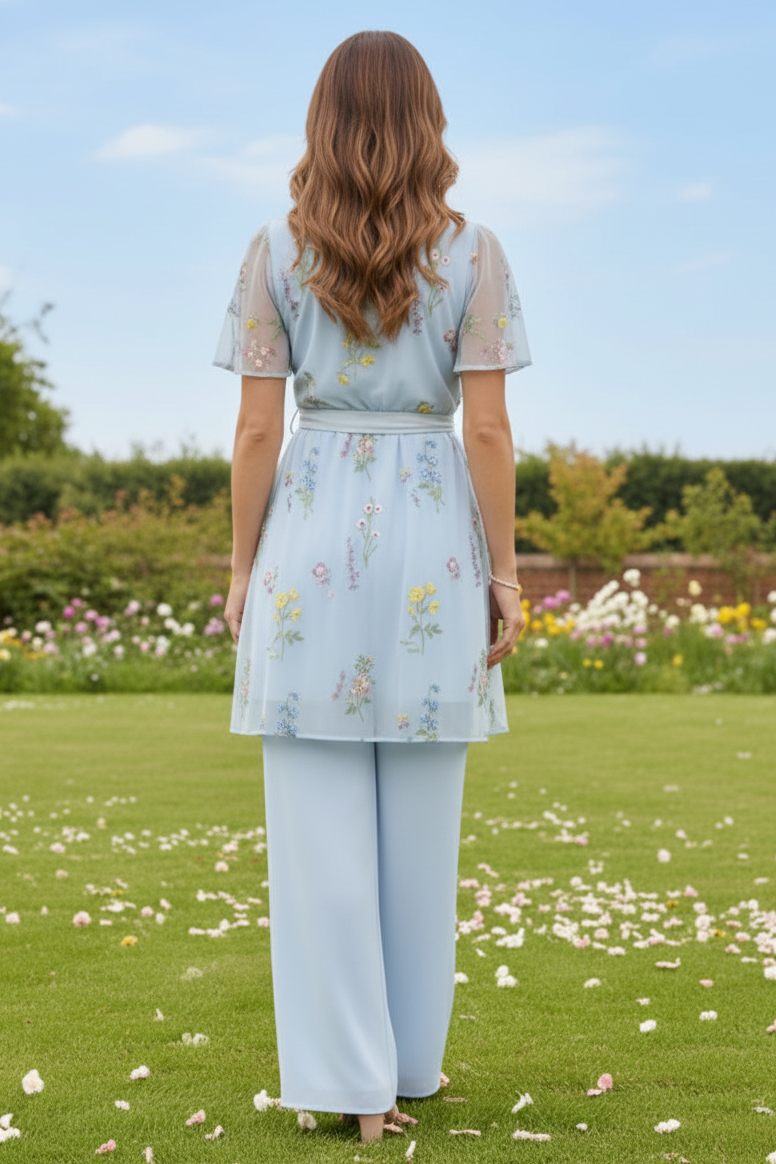Light Blue Floral Embroidered Mesh Wrap Tunic & Wide-Leg Pants Set | Mother of the Bride Pantsuit