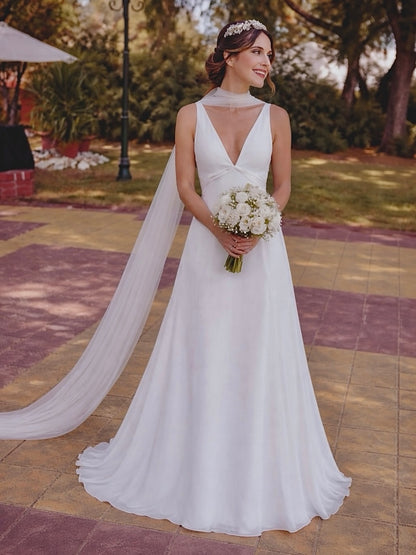 Deep V A-Line Wedding Dress with Neck Scarf