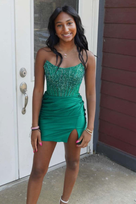 Strapless Beaded Corset Satin Mini Dress
