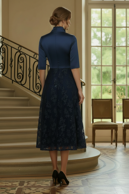 Elegant A-Line Satin Midi Dress with Sequin Skirt