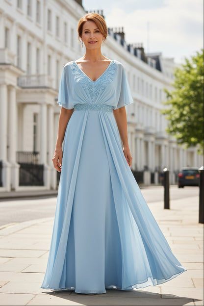 Beaded V-Neck Chiffon Gown with Flutter Sleeves