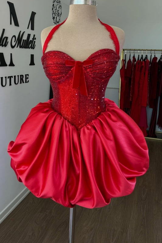 Sequin Corset Halter Mini Dress with Bubble Skirt
