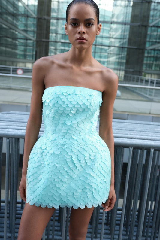Strapless Scalloped Scale Structured Mini Dress