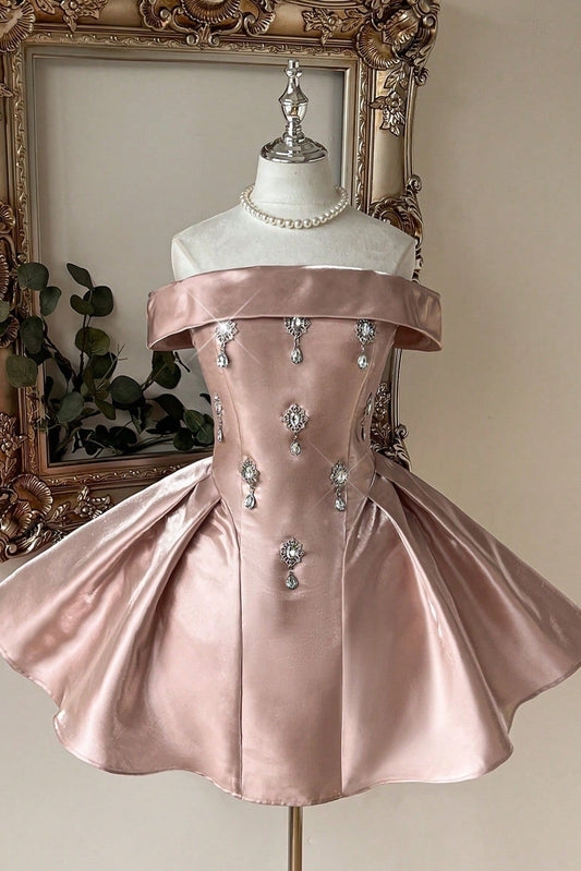 Off-the-Shoulder Satin Mini Dress with Crystals