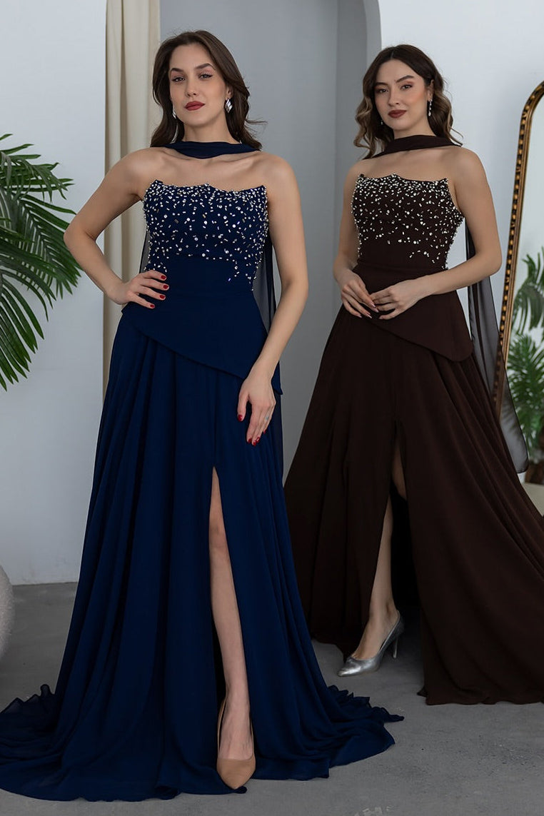 Beaded Halter A-Line Evening Gown with High Slit