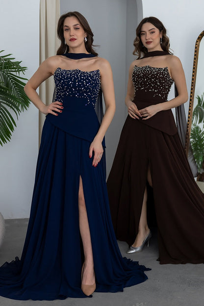 Beaded Halter A-Line Evening Gown with High Slit