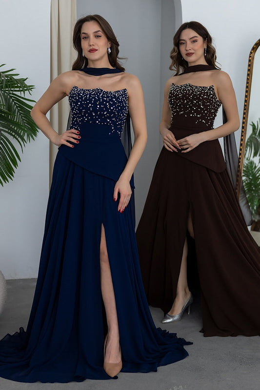 Beaded Halter A-Line Evening Gown with High Slit