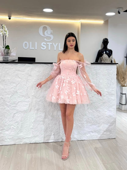 Off-the-Shoulder 3D Butterfly Tulle Mini Dress