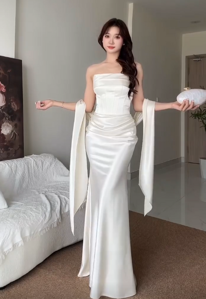 Strapless Ruched Satin Mermaid Gown with Scarf