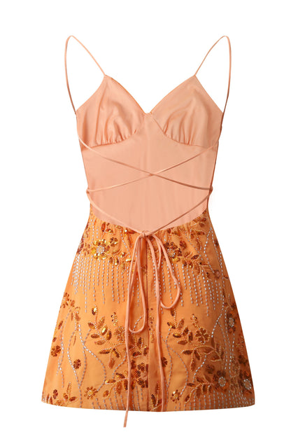 Sequined Floral Beaded Mini Dress with Lace-Up Back