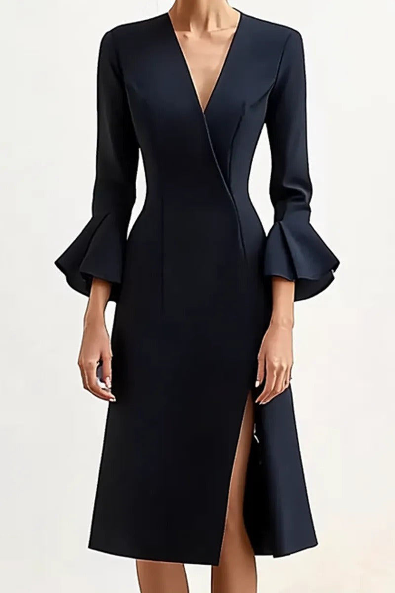 V-Neck Midi Dress with Bell Sleeves and Slit