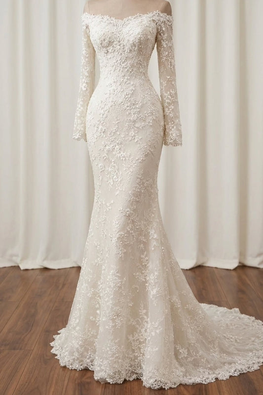Off-the-Shoulder Lace Long Sleeve Mermaid Wedding Dress
