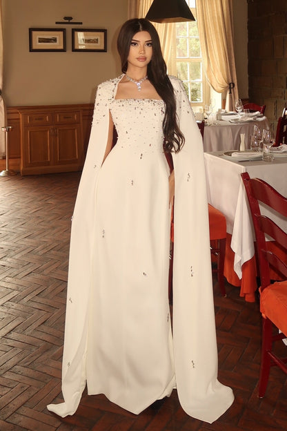 Beaded Square Neck Evening Gown with Cape