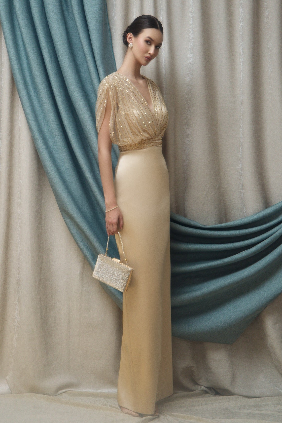 Beaded Illusion V-Neck Column Evening Gown
