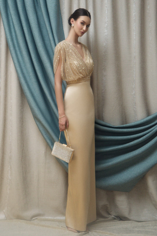 Beaded Illusion V-Neck Column Evening Gown