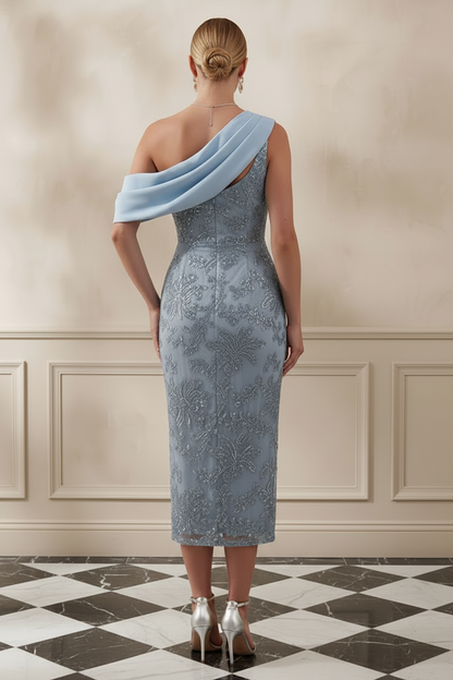 Asymmetric Draped Sequin Lace Midi Dress