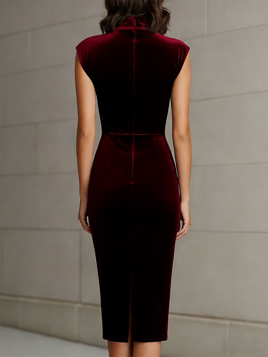 High Neck Velvet Sheath Midi Dress with Cap Sleeves