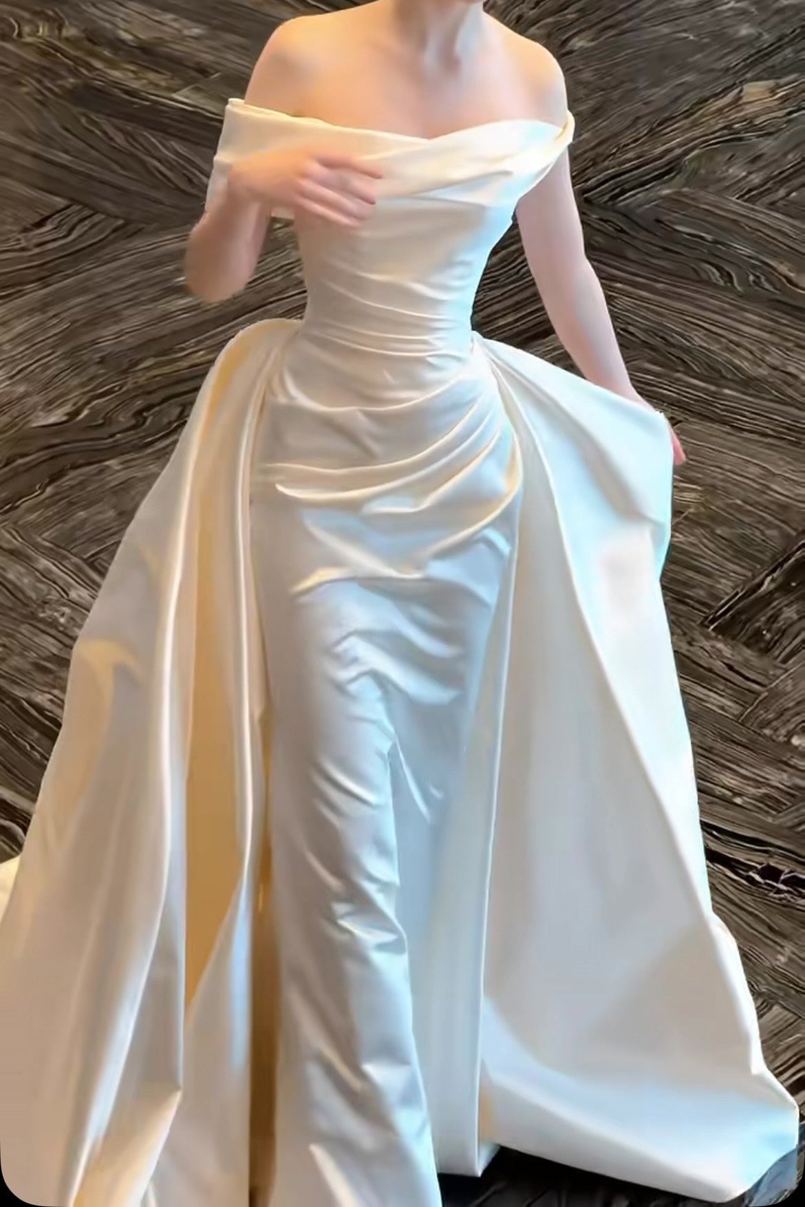Off-the-Shoulder Ruched Satin Gown with Overskirt