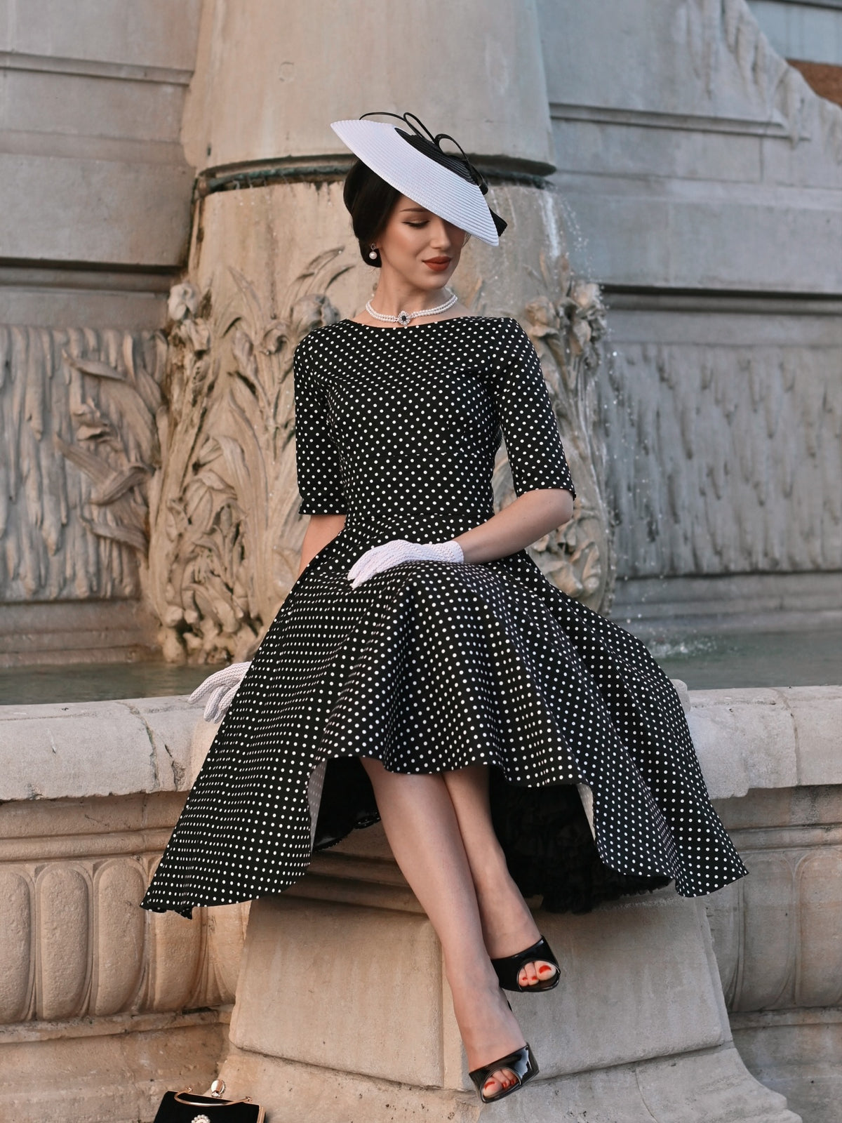 Polka Dot Midi Dress with Elbow Sleeves & V-Back