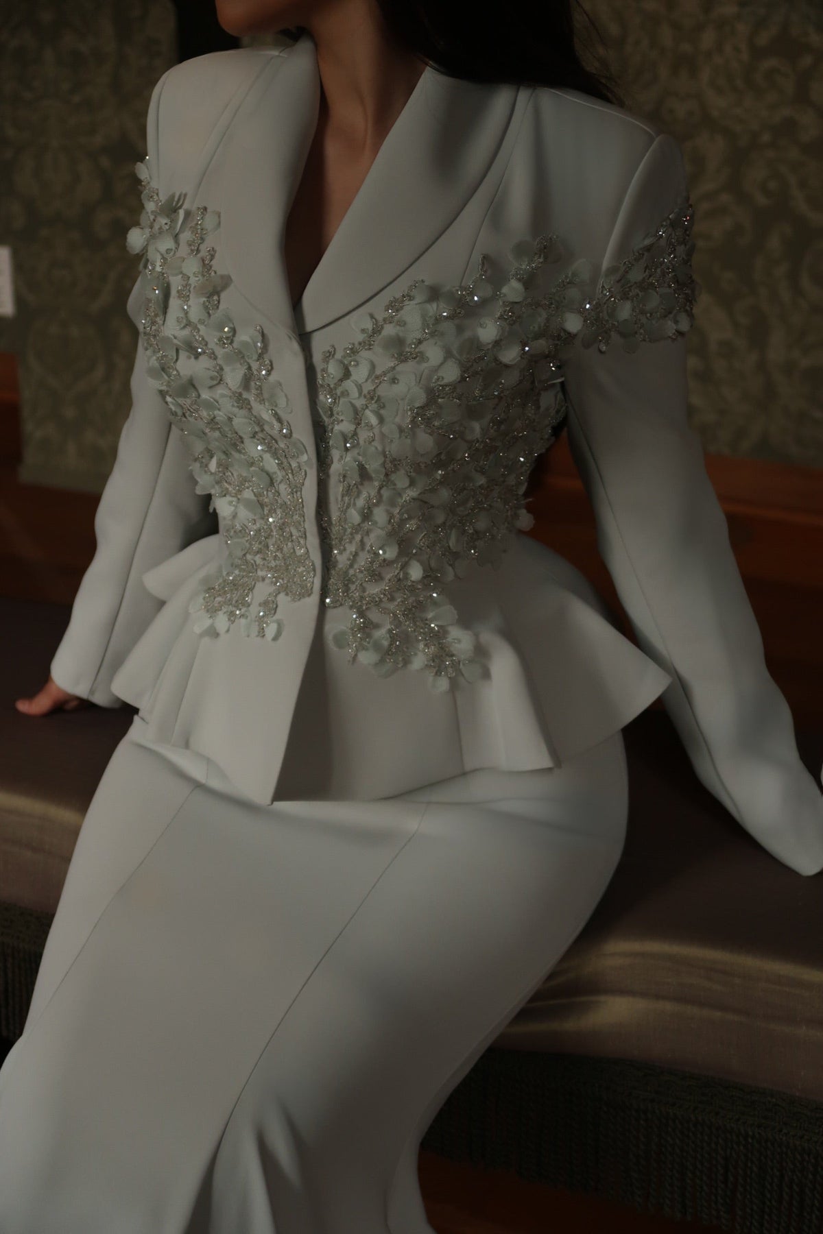 Embellished Peplum Jacket and Mermaid Skirt Set