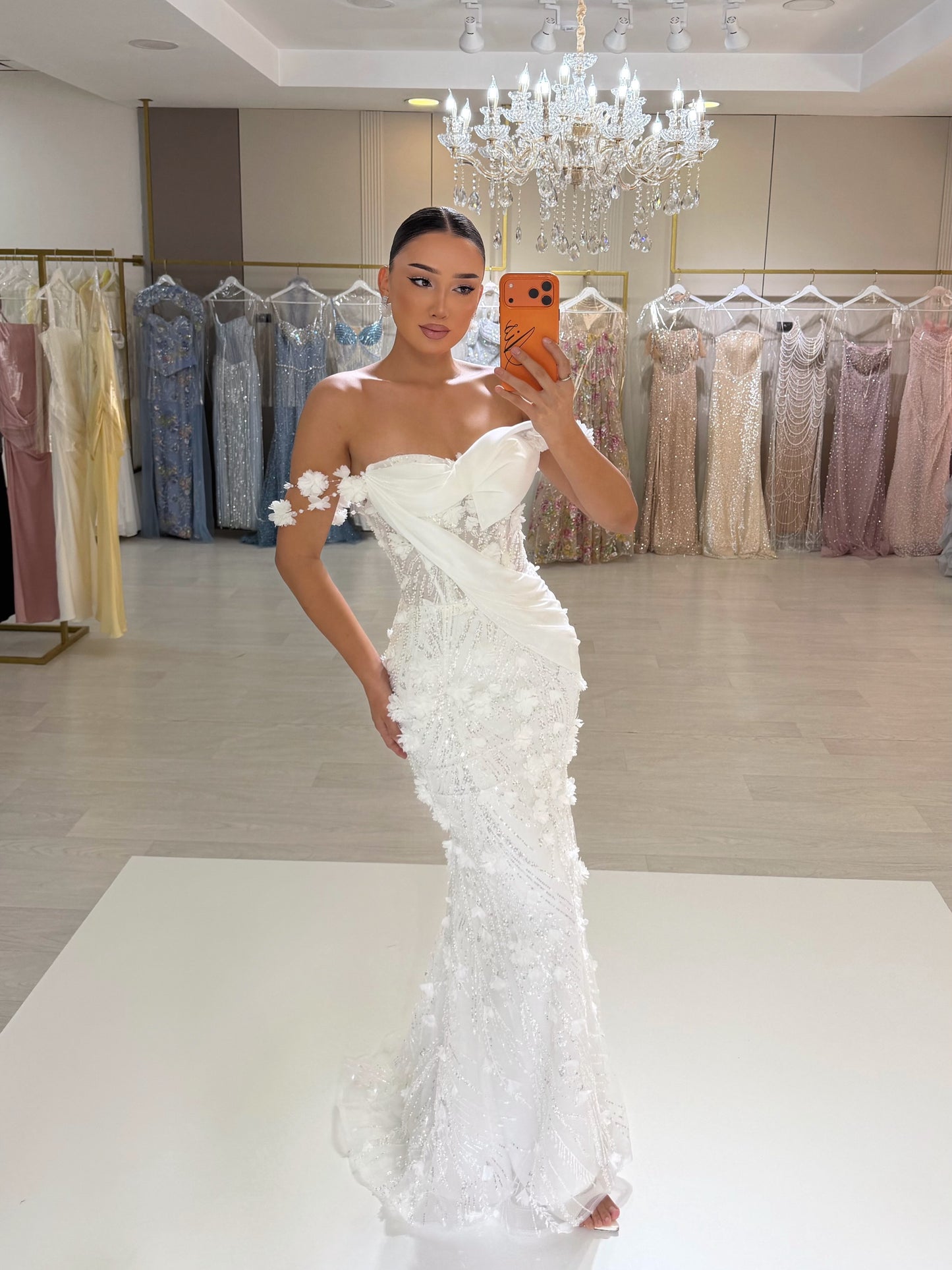 Sequin 3D Floral Mermaid Wedding Gown with Draping