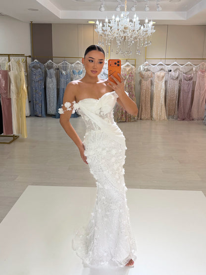 Sequin 3D Floral Mermaid Wedding Gown with Draping