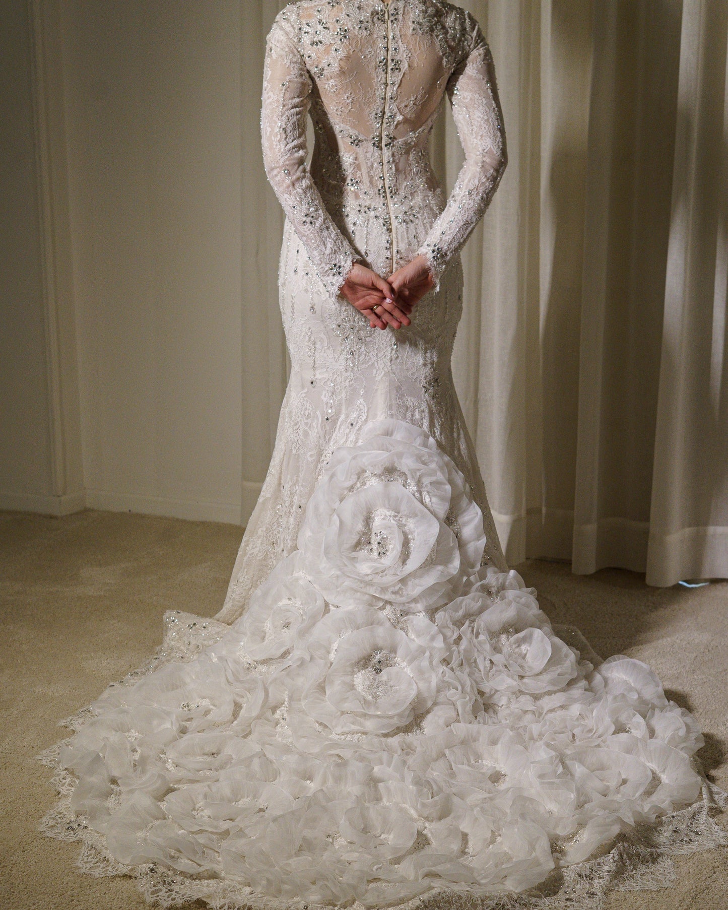 High Neck Long Sleeve Lace Wedding Dress with Overskirt