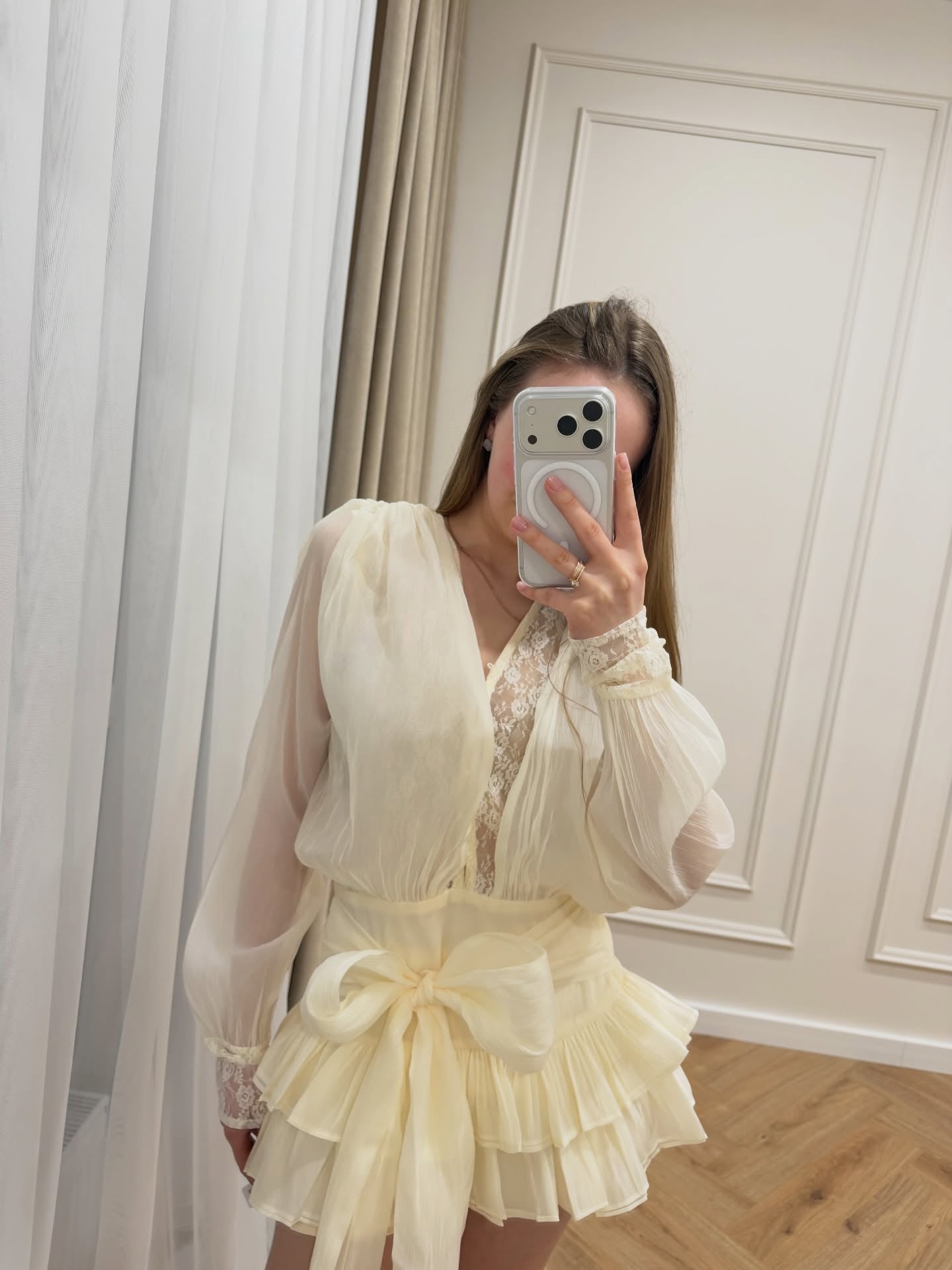 V-Neck Tiered Ruffled Mini Dress with Lace Details