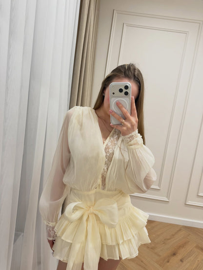V-Neck Tiered Ruffled Mini Dress with Lace Details