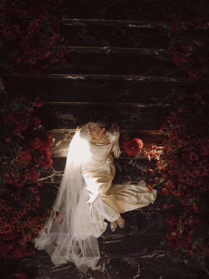 Draped Satin Wedding Dress with Lace Trims