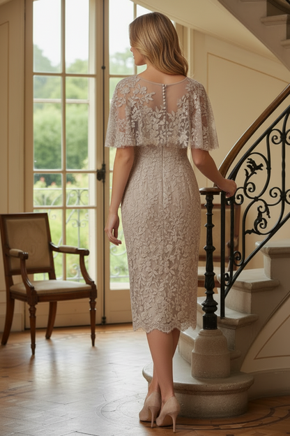 Lace Sheath Midi Dress with Illusion Capelet