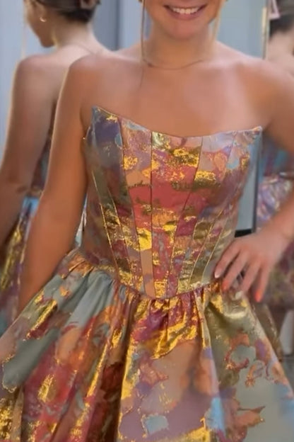 Strapless Metallic Bubble Skirt Mini Dress