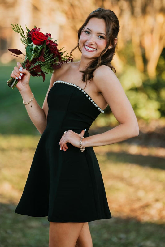 Strapless Pearl-Trimmed A-Line Mini Dress