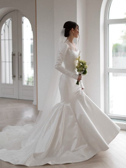 Long Sleeve Mermaid Wedding Dress with Lace Inset