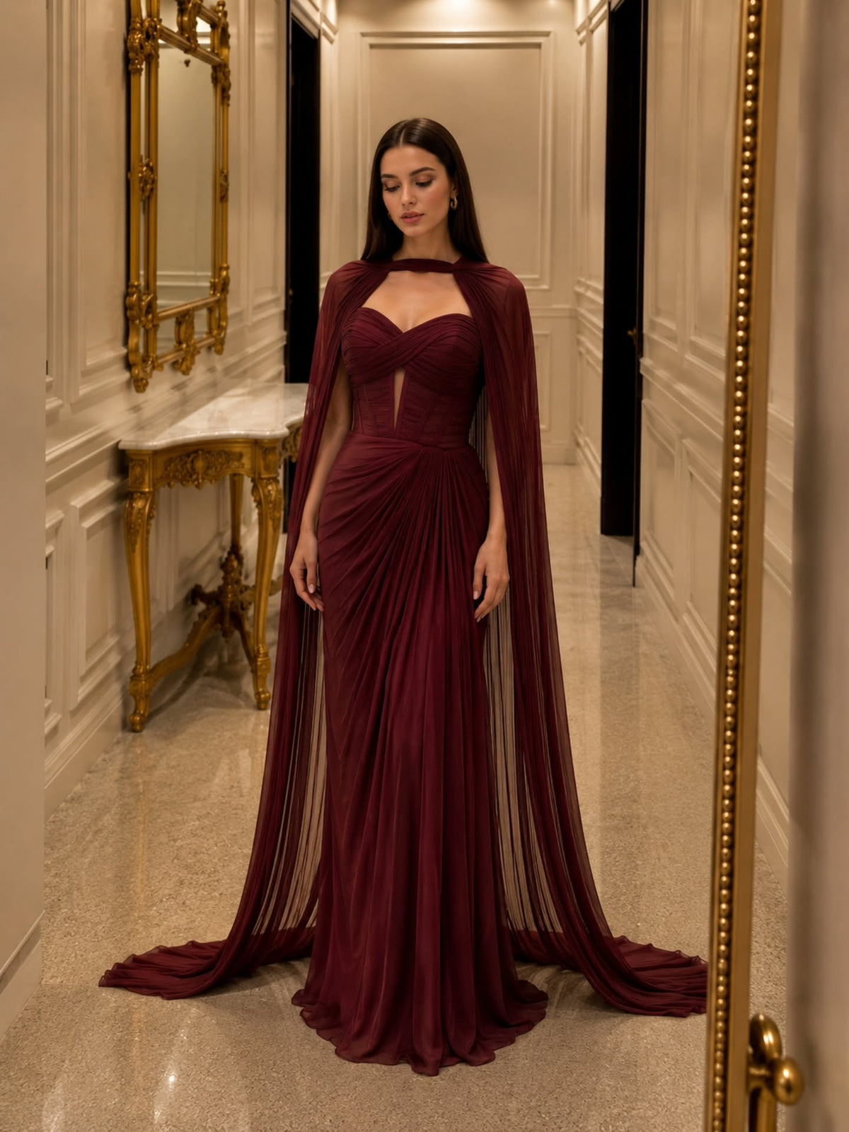 Strapless Pleated Gown with Cape & High Slit