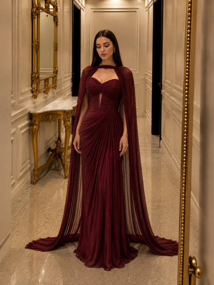 Strapless Pleated Gown with Cape & High Slit