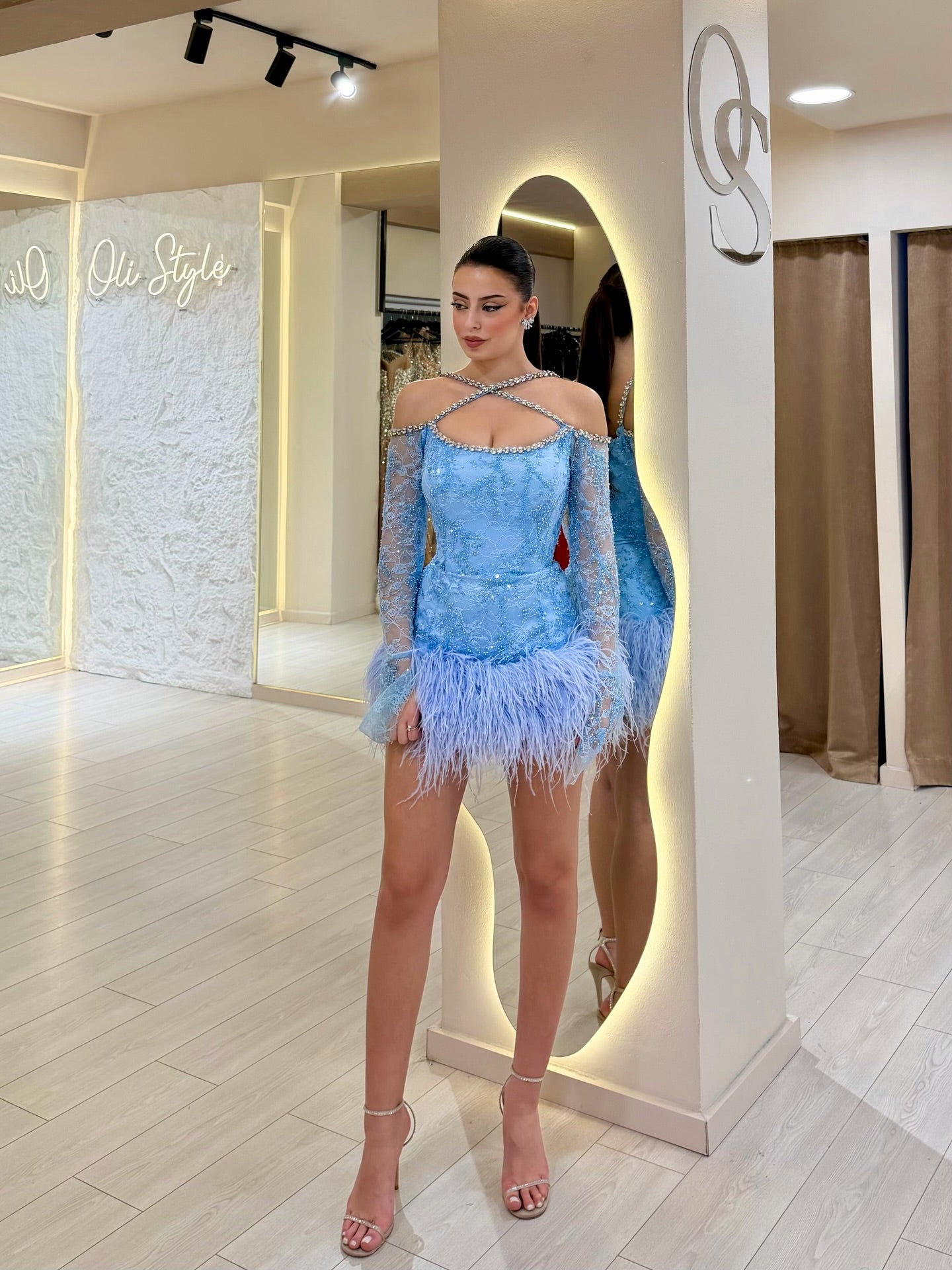 Crisscross Lace Mini Dress with Feather Hem