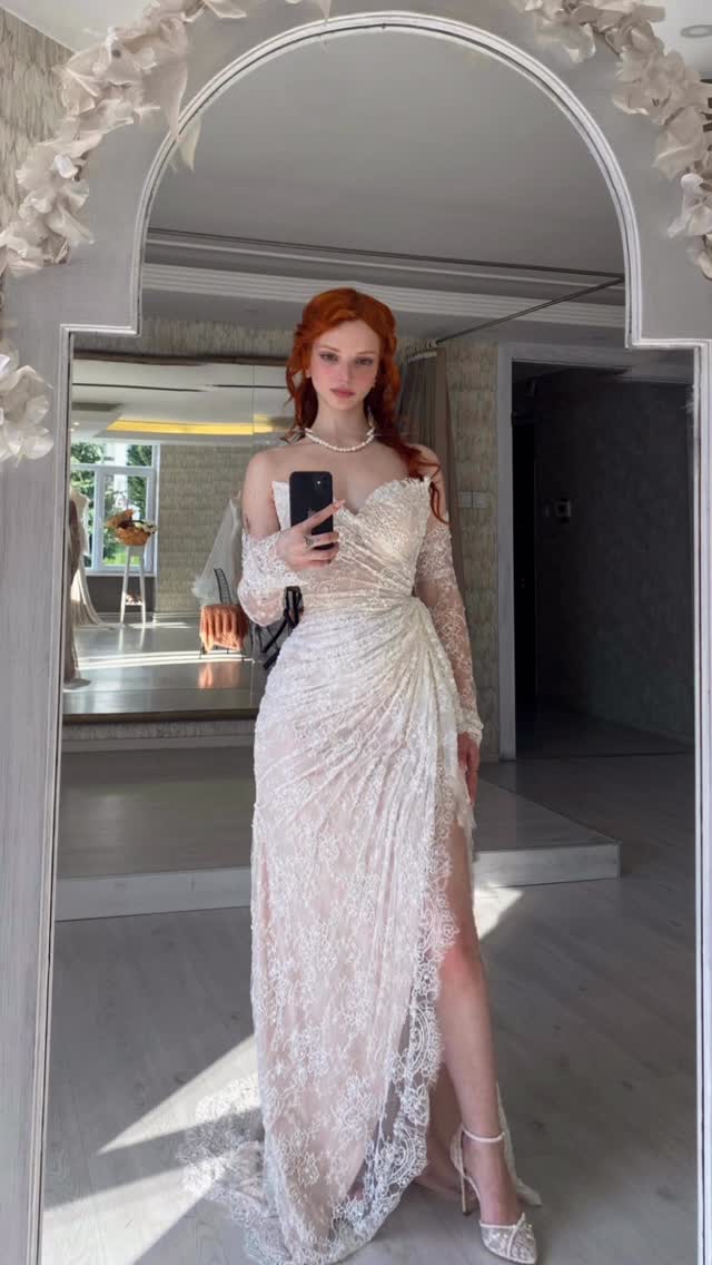 Ruched Lace Wedding Dress with Slit