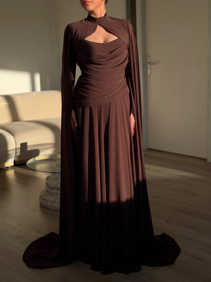High Neck Cutout Cape Sleeve Evening Gown