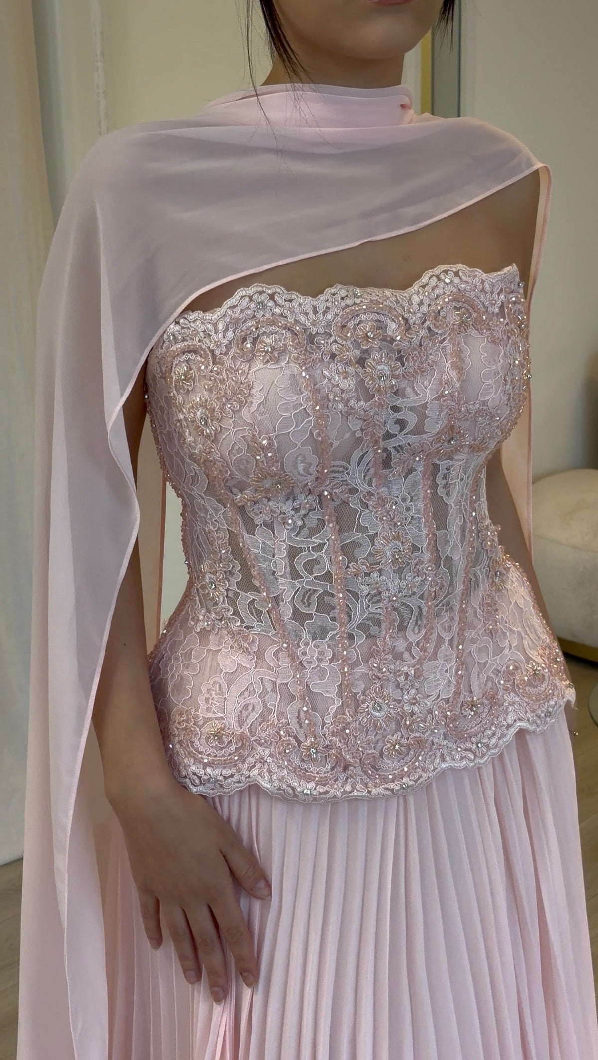 Corset Lace Evening Gown with Pleated Skirt